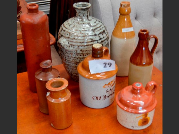 OLD BROWN SHERRY & OTHER MINI FLAGONS, POTTERY VASE [Chipped], etc