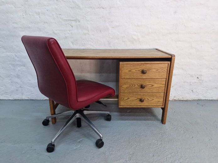 Mid-Century Style Wooden Desk with Burgundy Faux Leather Swivel Chair Set