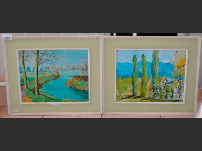 PAIR FRAMED OILS ON CANVAS "RIVER SCENE", 50 x 40cm