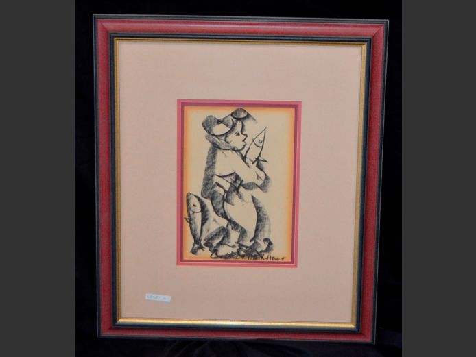 FRAMED CHARCOAL ON PAPER "FISHERMAN" SIGNED F. CLAERHOUT, 28 x 19cm