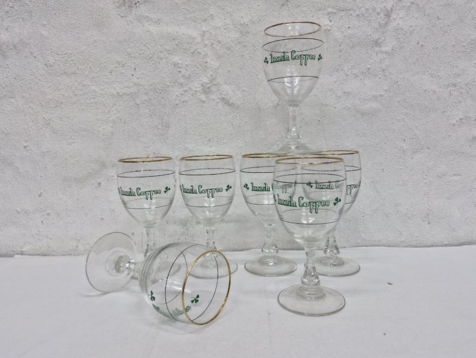 Set of 7 Gold-Rimmed Irish Coffee Stemmed Glasses