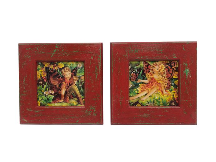 Pair of Vintage Whimsical Fairy Art Prints in Rustic Distressed Wooden Frames