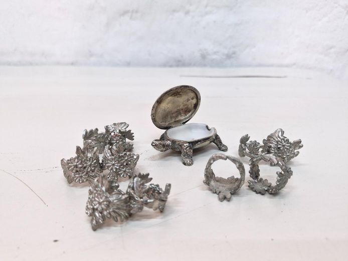 Silver Plated Turtle Salt Cellar & Floral Napkin Ring Set