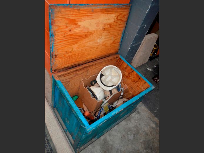 BLUE WOODEN TOOLBOX WITH CONTENTS, 75 x 51 x 51cm