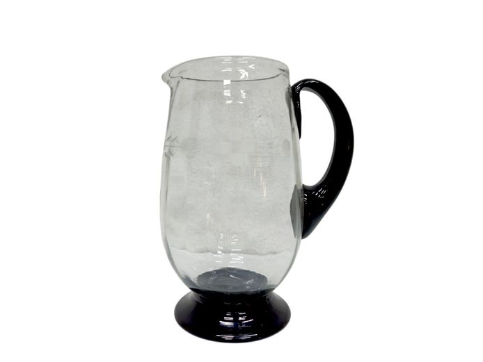 Art Deco Danish Etched Glass Pitcher with Black Hyalite Handle & Base