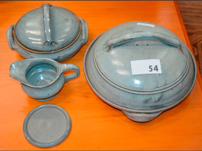 PALE GREEN STONEWARE CASSEROLES WITH LIDS, etc