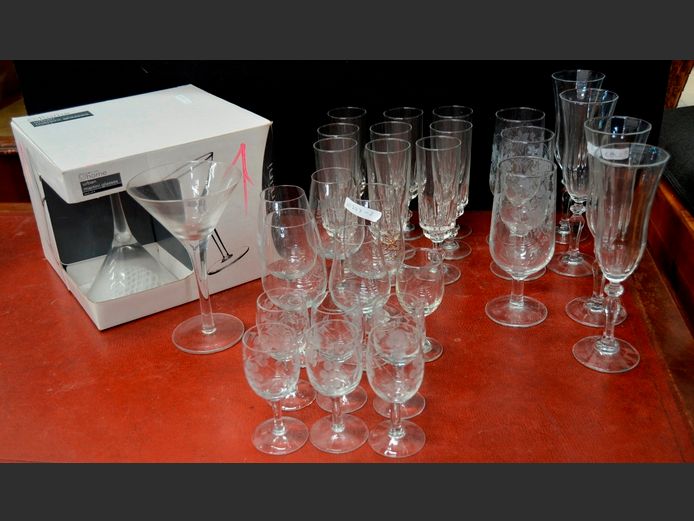 ASSORTED DRINKING GLASSES: MARTINI, CHAMPAGNE, etc
