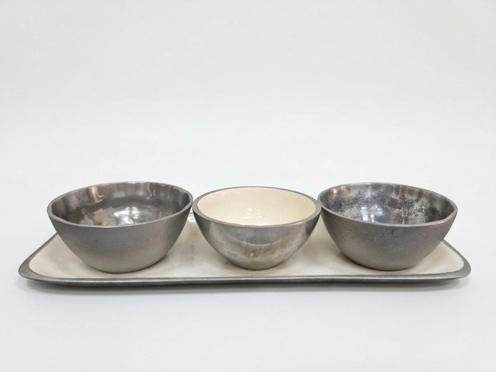 Mid-Century Style Condiment Serving Set with Enamelled Tray & Bowls