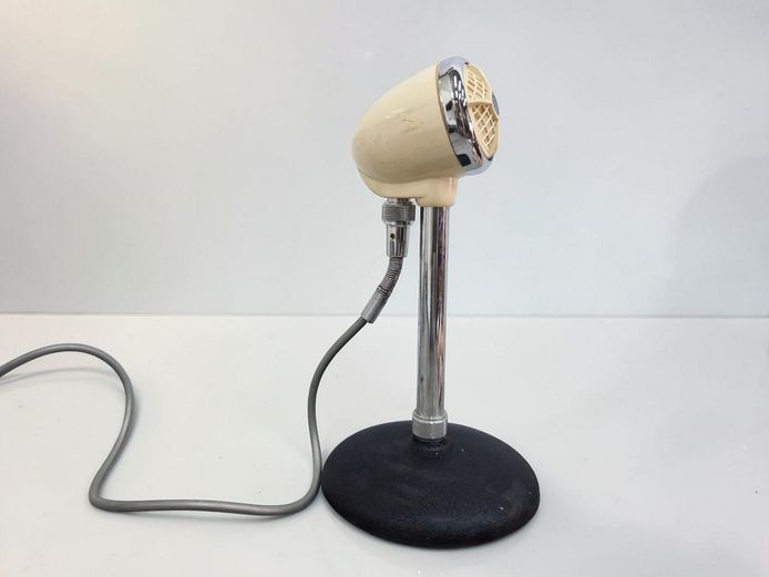 Vintage Cream & Chrome "S H" Bullet Microphone on Desk Stand