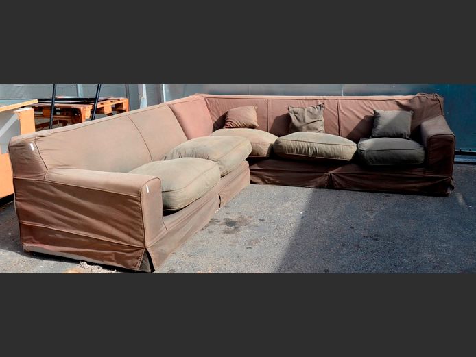 CORICRAFT BROWN L-SHAPED SLIP COVER LOUNGE SUITE, 290 x 290cm [Needs new covers]