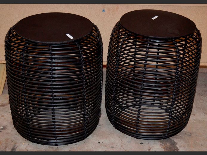 PAIR BLACK PAINTED WICKER SIDE TABLES, 40cm Diameter x 50cm High
