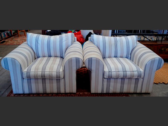 PAIR CREAM & BLUE STRIPED UPHOLSTERED ARMCHAIRS