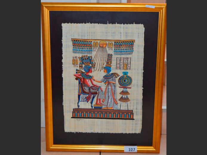 GILT FRAMED PAPYRUS PAINTING "MAKE-UP ARTIST", 43.5 x 34cm