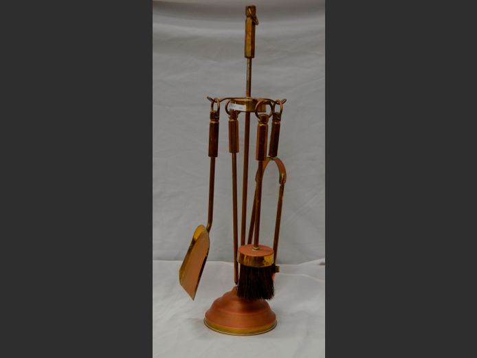 BRASS FIRE IRONS ON STAND, 67cm High [Some tarnish]