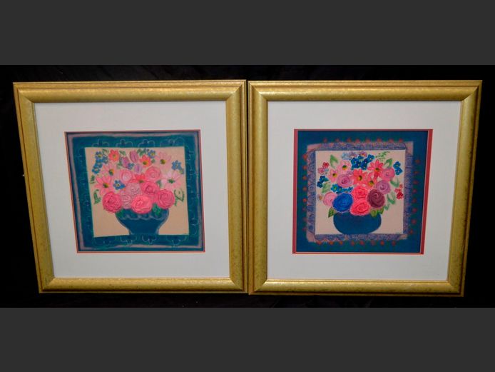 PAIR GILT FRAMED MIXED MEDIA ON FABRIC "FLOWERS", 44 x 43cm