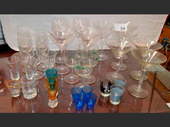 ASSORTED DRINKING GLASSES: MARTINI, IRISH COFFEE, WINE, etc