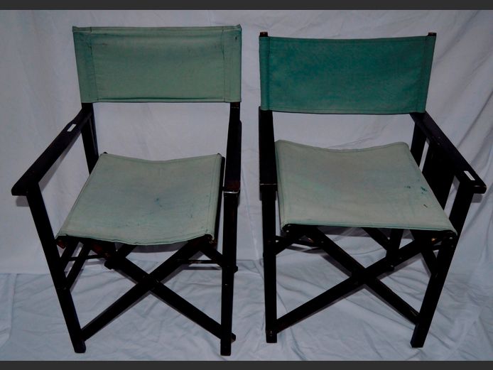 PAIR DARK STAINED & GREEN FABRIC DIRECTOR'S CHAIRS [Fabric worn]