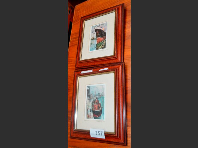 PAIR DARKWOOD & GILT FRAMED & PENCIL SIGNED SHIP PRINTS, 14.5 x 9cm