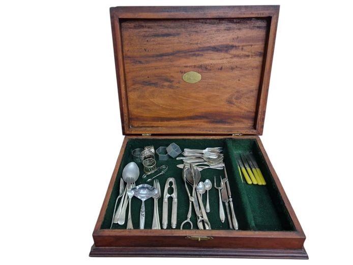 Teak Wood Cutlery Box & Assorted Vintage EPNS Flatware