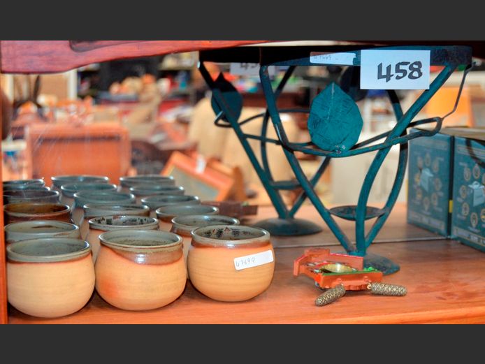 METAL CANDLE STAND, STONEWARE DIPPING BOWLS, etc