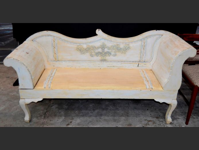 PAINT TECHNIQUE 2-SEATER SETTEE WITH SCROLLED ARMS, 164 x 47cm [Scratched & Fabric Torn in places]