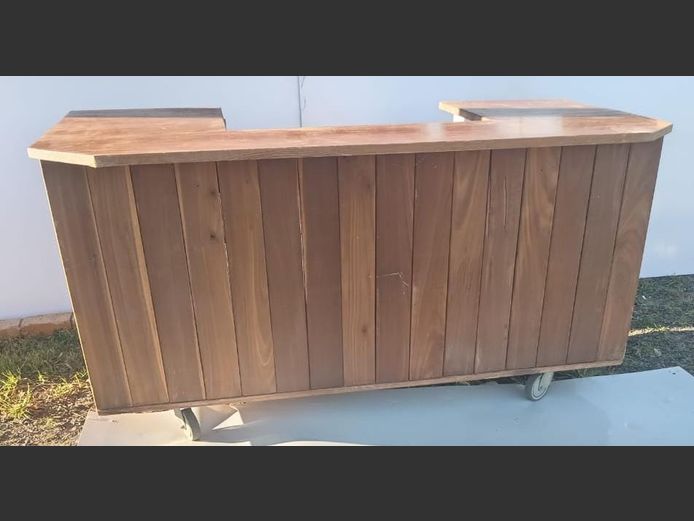 TEAK & PINE TOP BAR COUNTER ON CASTORS, 204 x 102 x 106cm