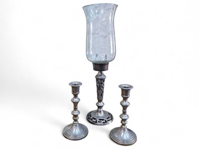 Vintage Silver Plated Candlesticks & Hurricane Candle Holder