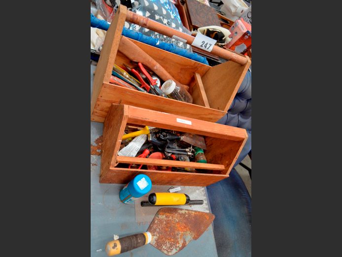 DRILL BITS, SCRAPERS, TROWEL, etc IN VINTAGE WOODEN TOOL CADDIES