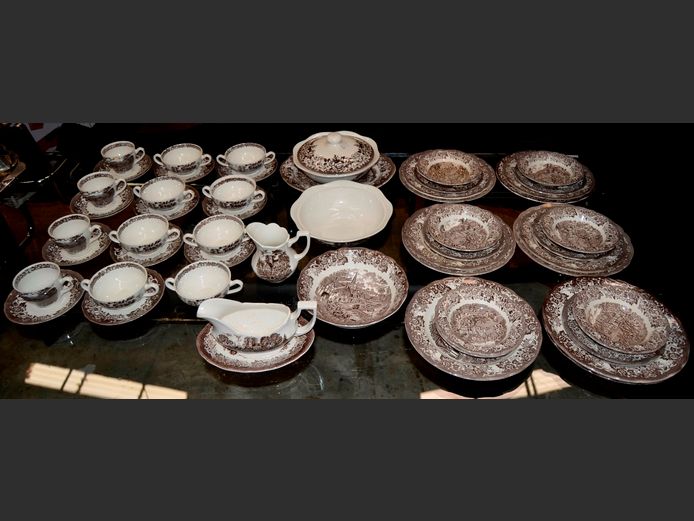 ROYAL STAFFORDSHIRE BROWN & WHITE 56-PIECE PART DINNER SERVICE [Chips to some pieces]