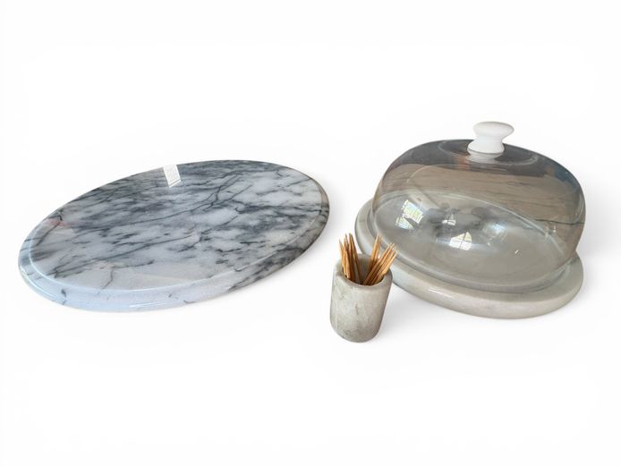 Marble Serving Board with Glass Dome & Marble Toothpick Holder