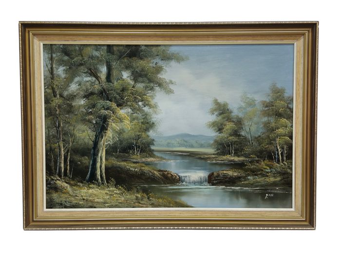 Serene River Landscape – Signed Vintage Oil Painting