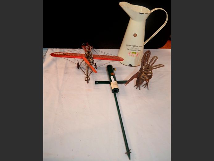 METAL JUG, ORNAMENTAL AEROPLANE, VASE, etc