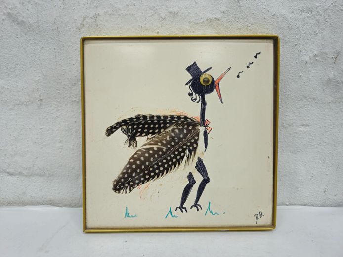 Framed Birds with "Attitude" Mixed Media Feather Ceramic Tile Artwork