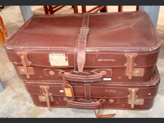 PAIR VINTAGE BROWN LEATHER SUITCASES