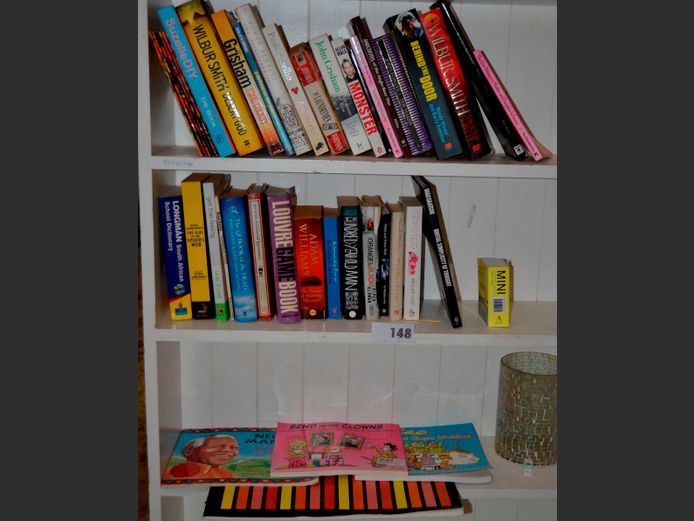 LOT NOVELS ON 3 SHELVES: WILBUR SMITH, JOHN GRISHAM, etc