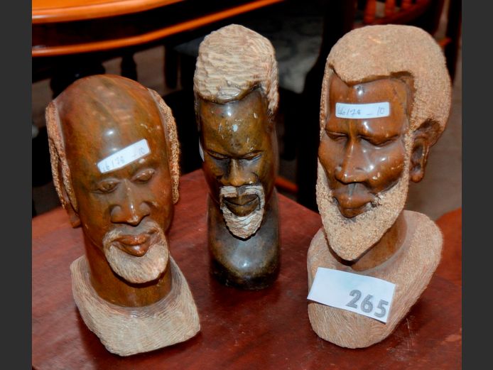 SET OF 3 SOAPSTONE BUSTS OF AFRICAN MEN, 23cm High, 27cm High & 24cm High