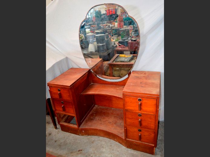 ART DECO TEAK 6-DRAWER DRESSING TABLE WITH BEVELLED MIRROR, 122 x 54 x 152cm [1 drawer to come, scratched]