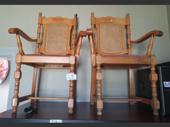 PAIR BEECHWOOD RATTAN BACK & UPHOLSTETED SEAT CARVERS