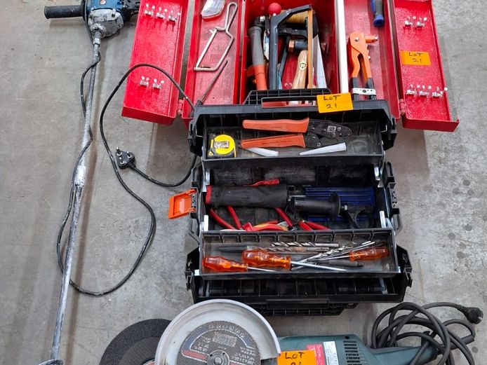 Tool boxes with tools, grinder