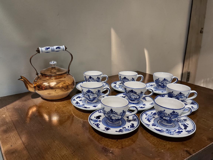 Vintage Delft Blue Style Tea Set with Copper Kettle