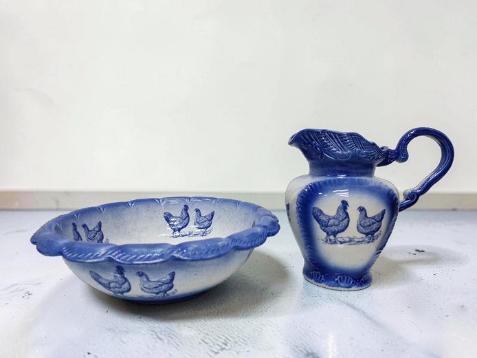 Vintage Blue & White Farmhouse Ceramic Basin and Pitcher Set