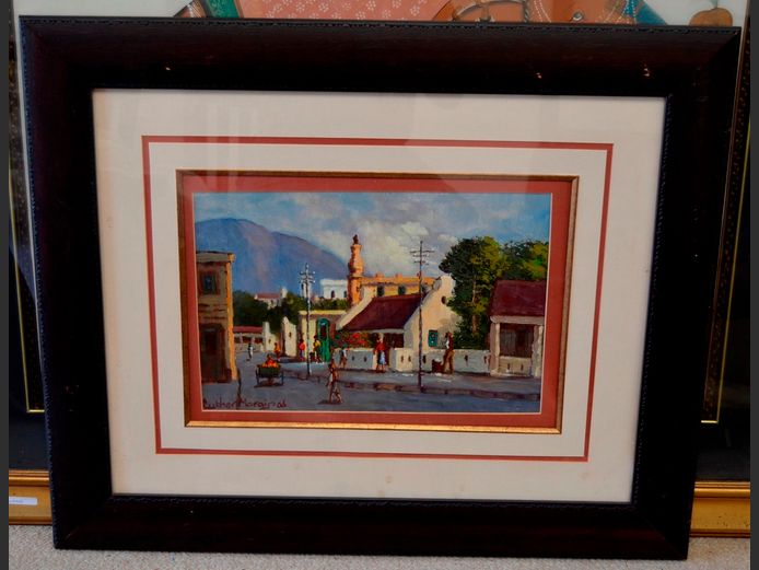DARKWOOD FRAMED OIL ON BOARD "STREET SCENE" SIGNED LUTHER MARAIS, 43 x 28cm