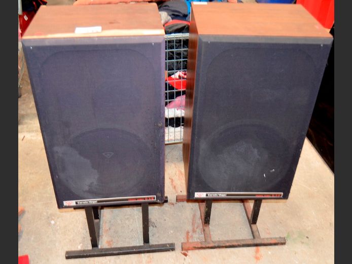 PAIR CERWIN VEGA SPEAKERS ON STANDS [Untested, veneer losses]