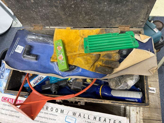 Lot of various tools, heater and wooden crate