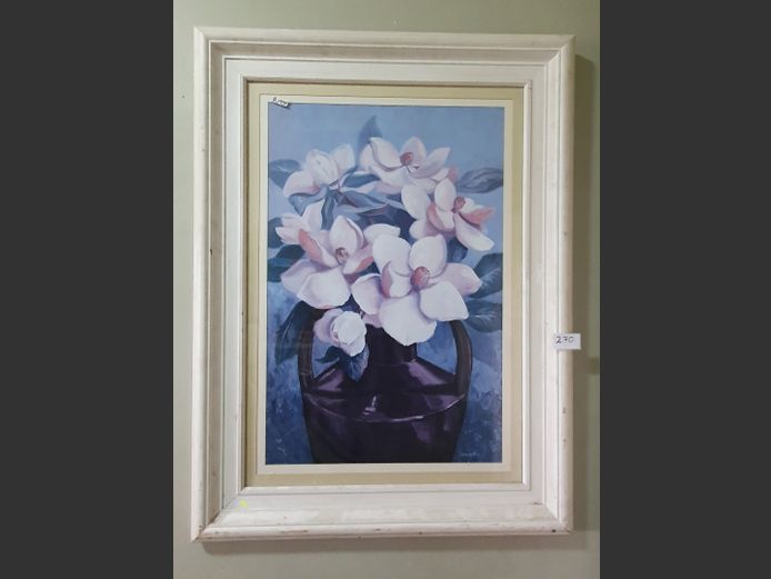 WHITE FRAMED PRINT "FLOWERS IN VASE" SIGNED JILLIAN JEFFREY, 60 x 90cm