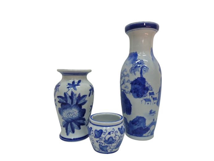 Trio of Vintage Chinese Blue and White Porcelain Vases & Miniature Planter