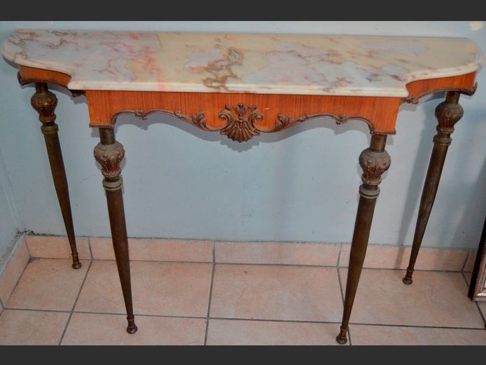 ANTIQUE FRENCH STYLE MARBLE & BRASS HALL TABLE, 122 x 35 x 83cm