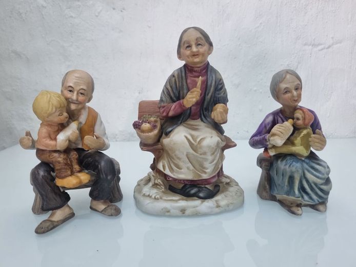 Set of 3 Vintage Bisque Porcelain Figurines: Grandparents with Children
