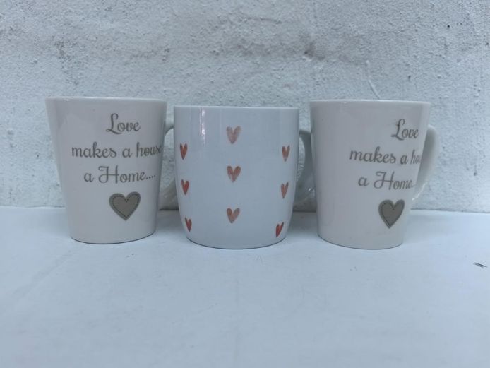 Set of 3 Ceramic Heart & Quote Coffee Mugs