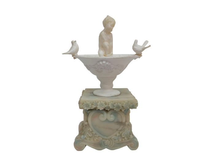 Vintage Italian Alabaster & Porcelain Miniature Birdbath Sculpture